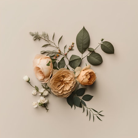 Flowers composition. Flat lay, top view floral composition on beige background.の素材