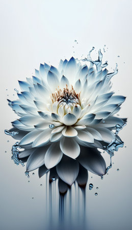 Beautiful white lotus flower on a blue background with water dropsの素材