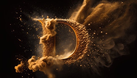 Letter D made of sand with explosion effect isolated on black background.の素材