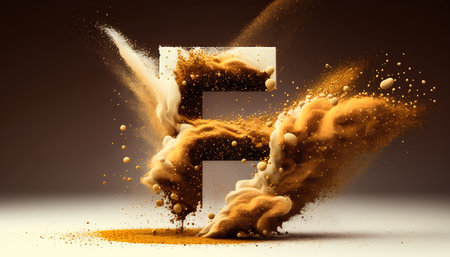 Explosion of sand with letter F, 3D rendering isolated on brown backgroundの素材