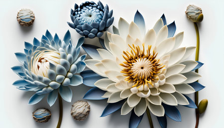 Flowers composition. White and blue lotus flowers on white background. Flat lay, top viewの素材