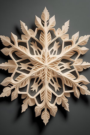 Wooden snowflake on a black background. 3d render.の素材
