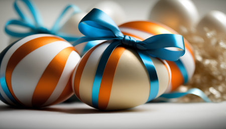 Easter eggs with ribbon and bow on white background. Shallow dof.の素材