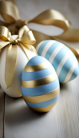 Easter eggs with gold ribbon on white wooden background, closeupの素材