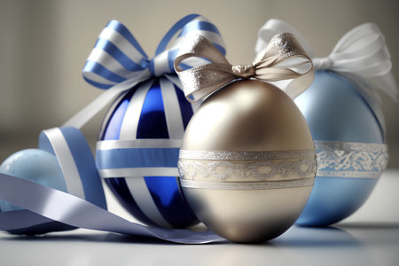 Blue and white easter eggs with a bow and ribbons.の素材