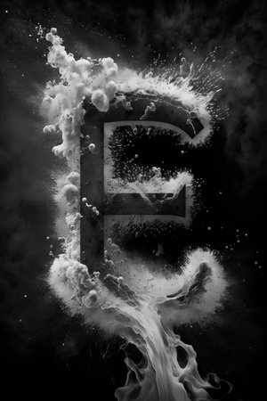 Fluid alphabet with splashes and smoke on black background, letter Eの素材