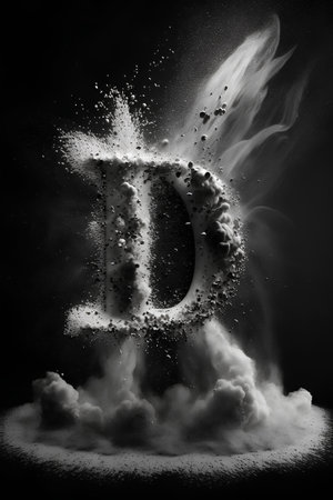 D letter made of powder with smoke on black background. 3d illustrationの素材
