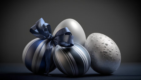 Silver and blue easter eggs with a bow on a dark backgroundの素材