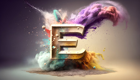 3d illustration of an alphabet made of colorful powder exploding into the letter Eの素材