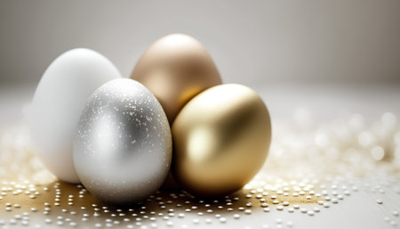 golden and silver easter eggs on a light background closeupの素材