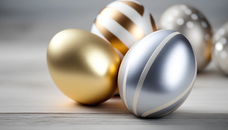 Golden and silver easter eggs on wooden background. Happy Easter concept.の素材