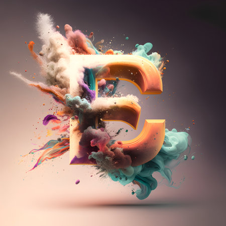 Colorful paint explosion with letter E. 3D Render Illustrationの素材