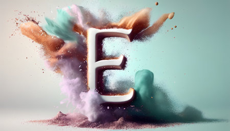 Colorful explosion of powder with letter E, 3d render illustrationの素材