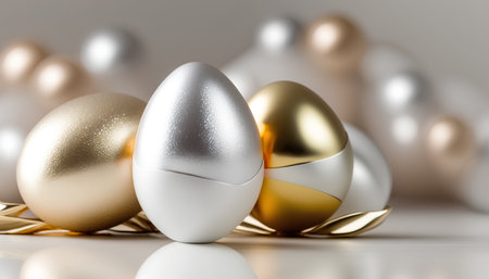 Golden and silver Easter eggs on a white background. 3d renderingの素材