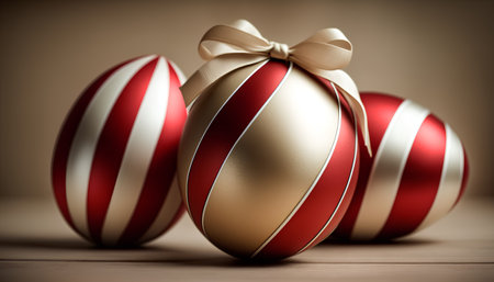 Beautiful red and white christmas baubles on wooden backgroundの素材