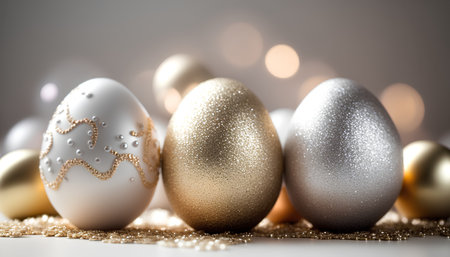 Silver and gold easter eggs with bokeh lights on backgroundの素材