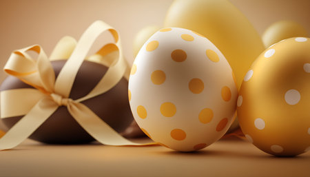 Easter eggs with ribbon and bow. 3d render illustration.の素材