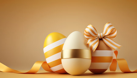 3d render of golden easter eggs with ribbon on yellow backgroundの素材