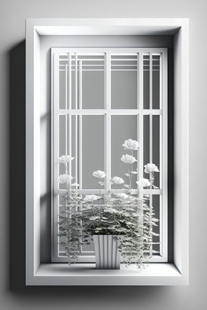 Window with flowers in a vase on the wall. 3d renderingの素材