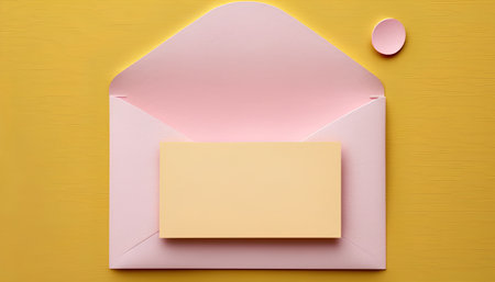 Envelope with blank postcard on yellow background, top viewの素材