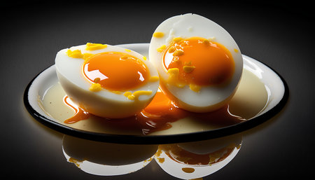 Boiled eggs on a plate on a black background with reflection.の素材