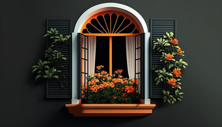 Window with flowers on the black wall. 3d rendering illustration.の素材