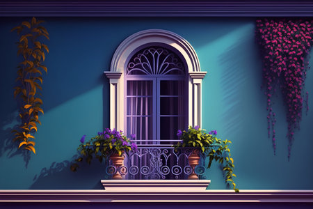 Illustration of a classic window with plants on a blue wall backgroundの素材