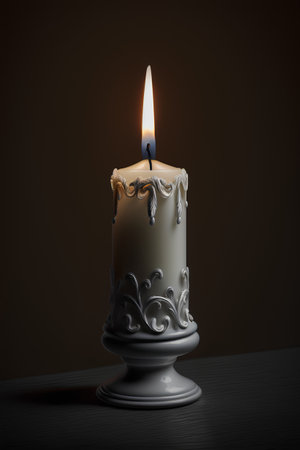 Burning candle in candlestick on dark background. 3d illustrationの素材