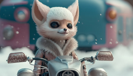 Funny little fox sitting on a motorcycle in the snow. Retro style.の素材
