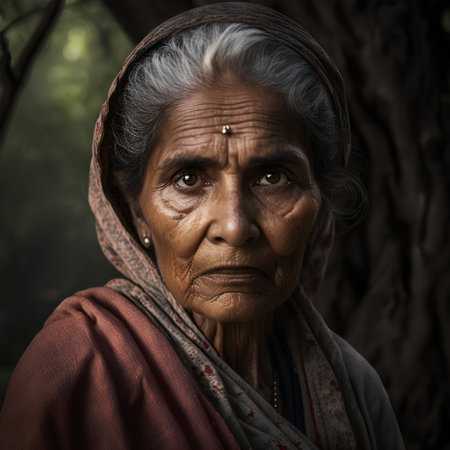 Portrait of an old Indian woman in the forest. India.の素材