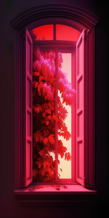 Open window with pink leaves on the wall. 3D illustration.の素材