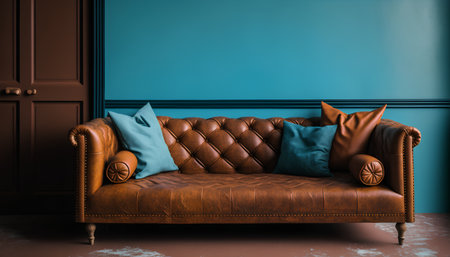 Luxury leather sofa in classic interior with blue wall. 3d renderの素材