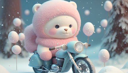 Soft toy bear rides a motorcycle in the winter forest. 3d renderingの素材