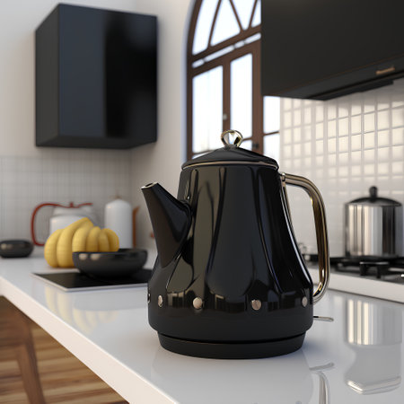 3d rendering of a kettle on a table in a modern kitchenの素材