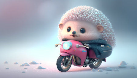 Cute little hedgehog on a motorcycle. 3D illustration.の素材