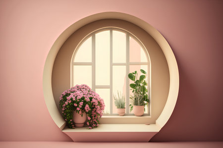 Window with flowers in pot on pink wall. 3D rendering.の素材
