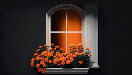 window with flowers on the wall. 3d illustration. High resolutionの素材