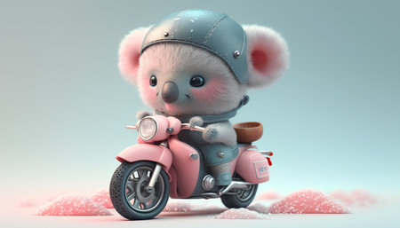 Cute teddy bear on a motorcycle. 3D illustration.の素材