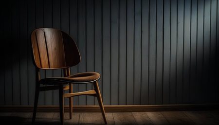 wooden chair on a black wall background, 3d render.の素材