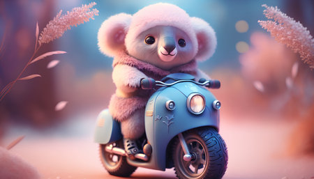Cute teddy bear on a motorcycle in the winter forest.の素材