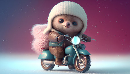Cute bear on a motorcycle in a white hat. 3d renderingの素材