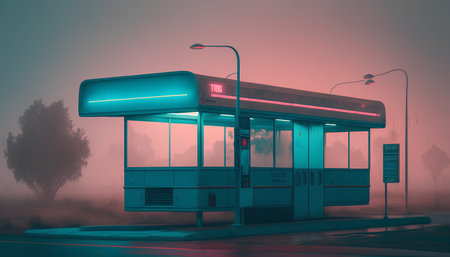 Bus stop in misty morning. 3D Rendering tonedの素材