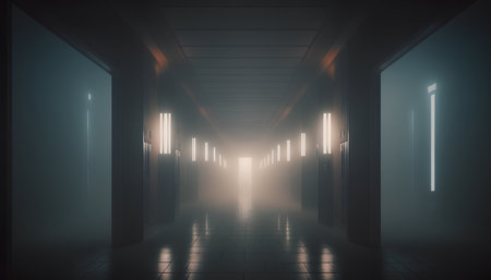 Dark corridor with lights, 3d rendering. Computer digital drawing.の素材