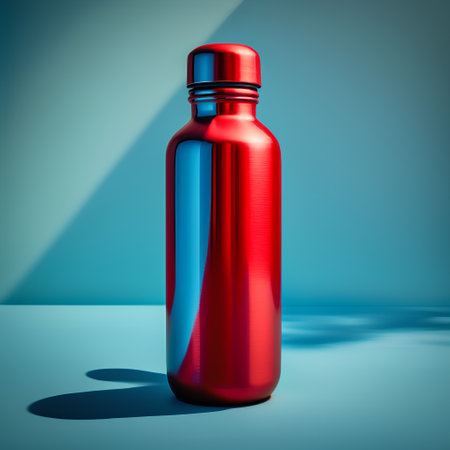Red plastic bottle on a blue background. 3d rendering mock upの素材