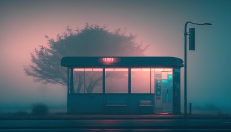 Bus stop in a foggy misty morning, 3d renderの素材
