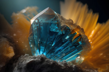 Blue gemstone with crystals on black background. 3d illustration.の素材