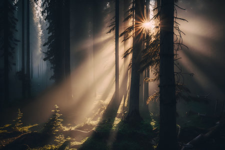 Mysterious dark forest with fog and sun rays. HDR imageの素材