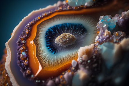 Fractal close up of blue and orange agate crystal on black backgroundの素材