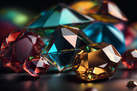Colorful diamonds on a black background. 3d render illustration.の素材