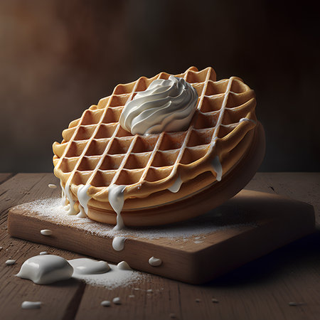 Belgian waffles with whipped cream on a wooden table. 3d renderingの素材